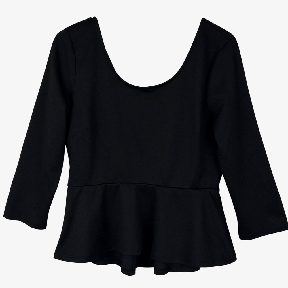 Chic Black Peplum Top 3/4 Sleeve Back Bow Scoop Neck Coquette Office Siren